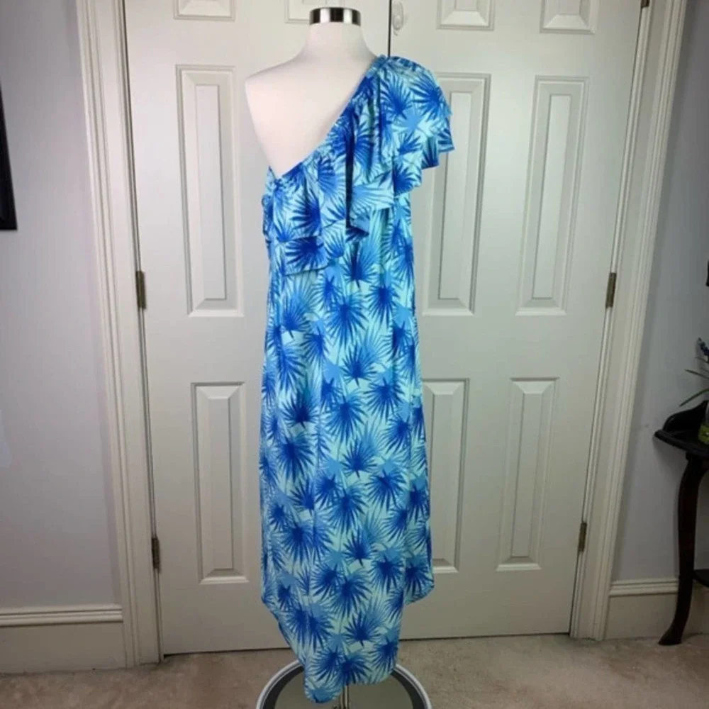VINEYARD vines blue electric palm asymmetrical dress 4 - Picture 4 of 7
